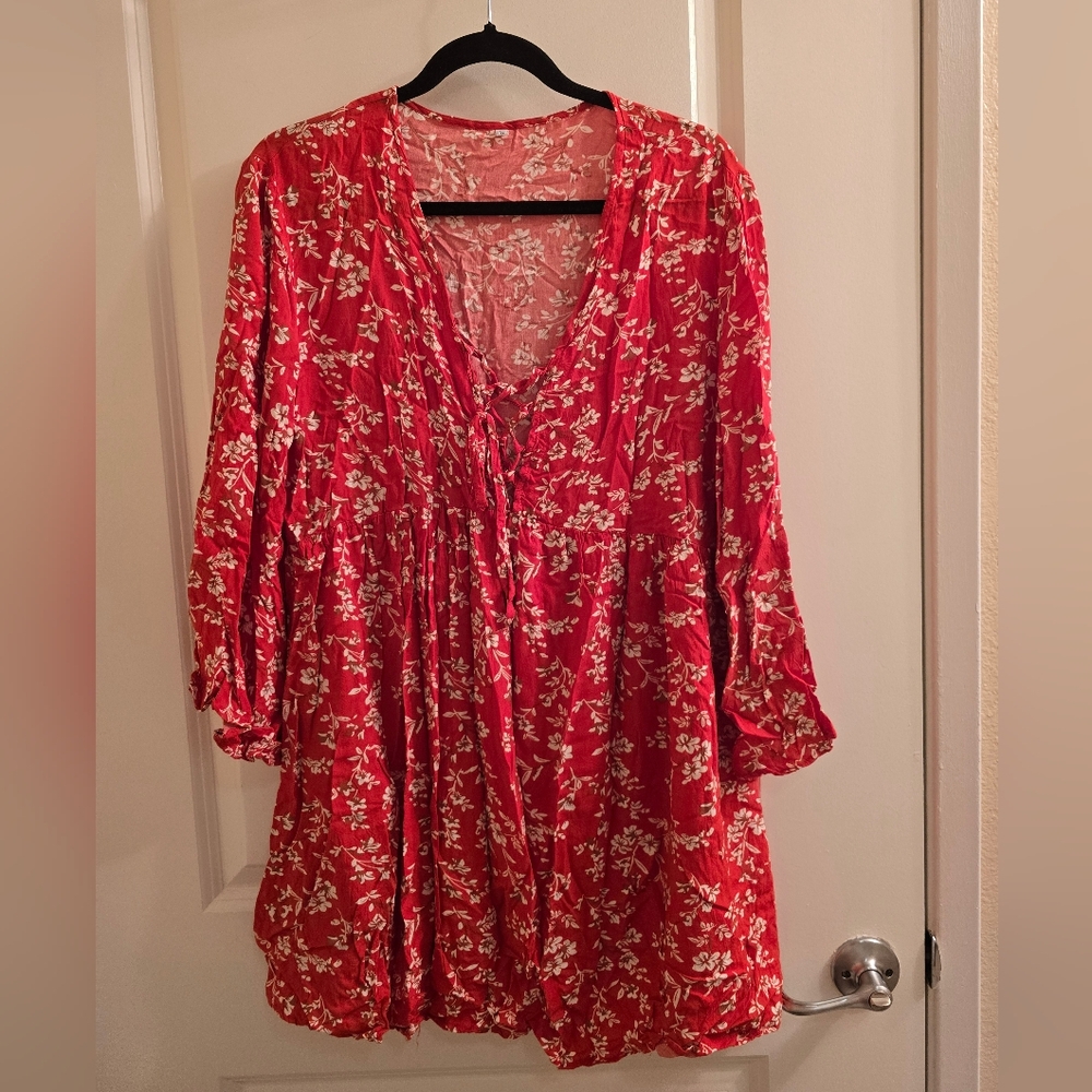 Red Floral Dress Size L With Lace Up Front